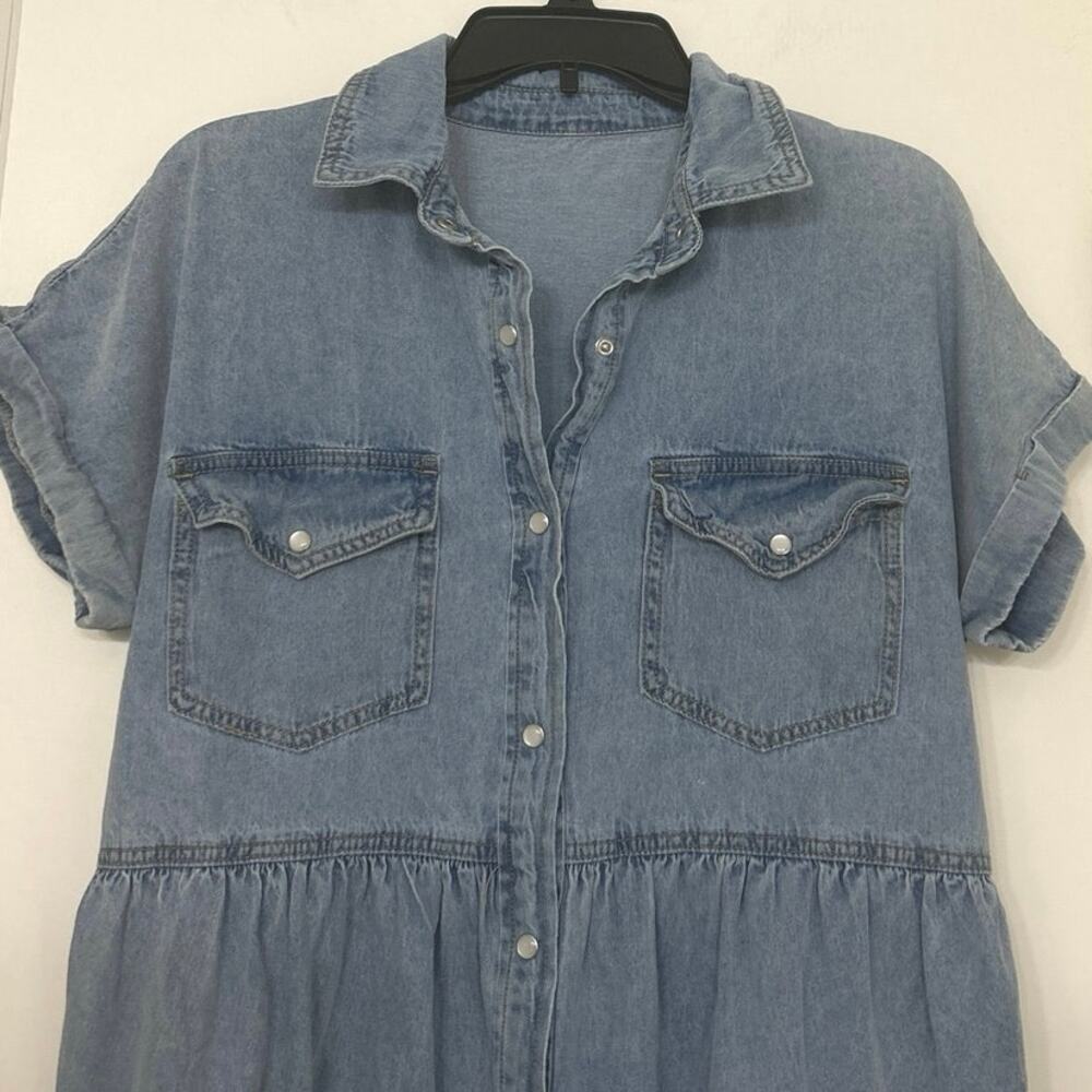 Denim Tiered Pearl Snap Boho Western Shirt Dress Country Concert Cowgirl Large - Picture 4 of 10